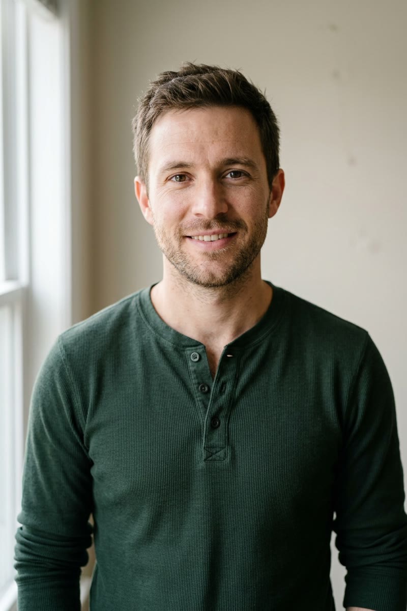 Input photo 1: fictional man with short brown hair wearing a dark green henley