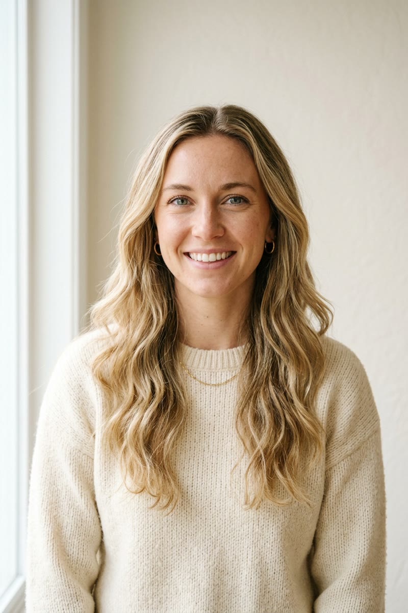 Input photo 2: fictional woman with long wavy blonde hair wearing a cream knit sweater